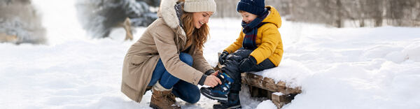 Žena zavazuje zimní boty dítěti